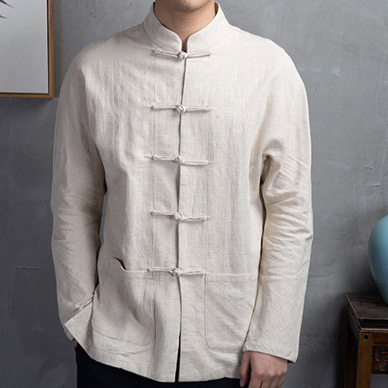 Buddha Stones Solid Color Casual Frog-button Men's Shirt Clothing - LemonChiffon - US/UK/AU44，EU54 (5XL) - image 0