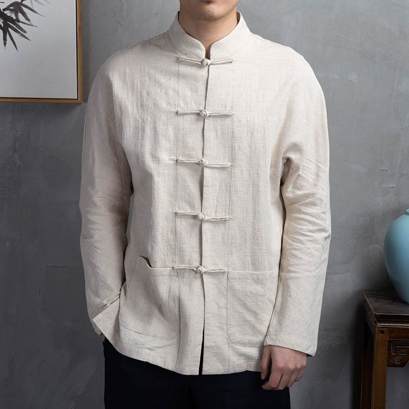 Buddha Stones Solid Color Casual Frog-button Men's Shirt Clothing - image 1
