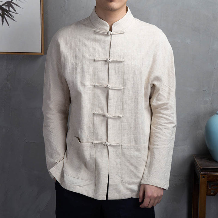 Buddha Stones Solid Color Casual Frog-button Men's Shirt Clothing - image 1