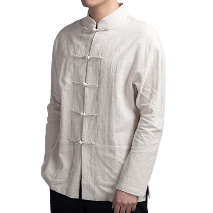 Buddha Stones Solid Color Casual Frog-button Men's Shirt Clothing - image 3