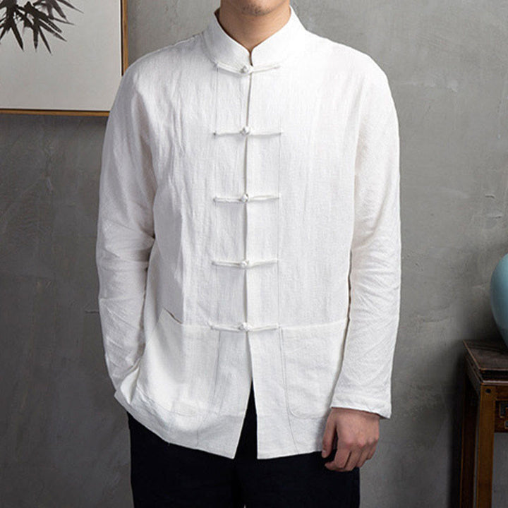 Buddha Stones Solid Color Casual Frog-button Men's Shirt Clothing - image 5