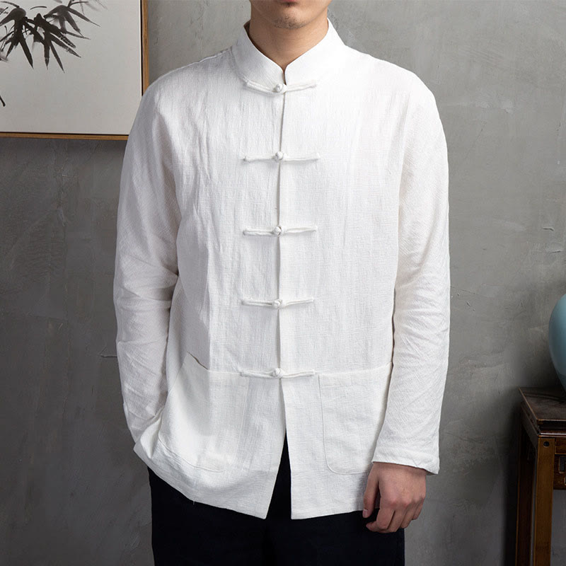 Buddha Stones Solid Color Casual Frog-button Men's Shirt Clothing - White - US/UK/AU44，EU54 (5XL) - image 4