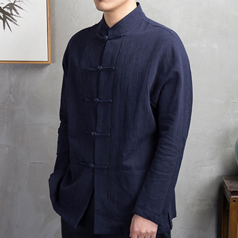 Buddha Stones Solid Color Casual Frog-button Men's Shirt Clothing - image 13