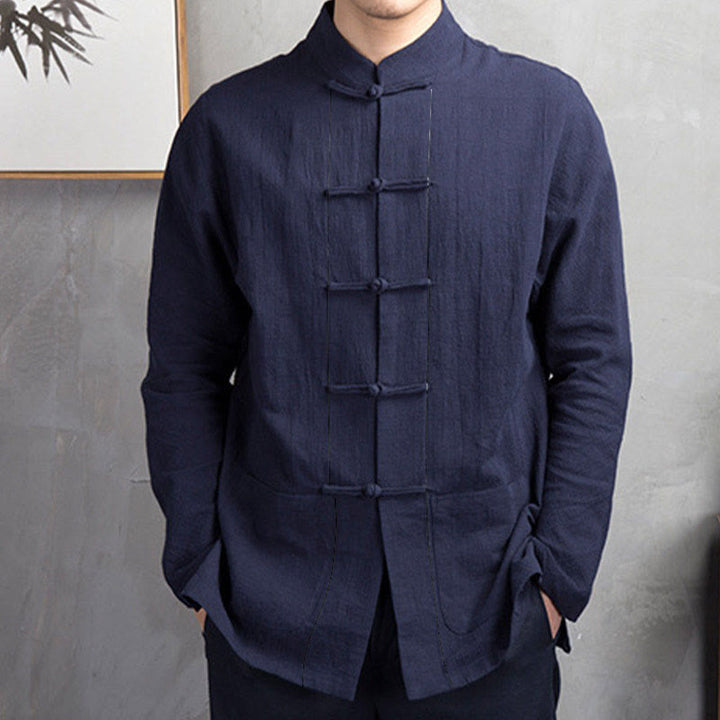 Buddha Stones Solid Color Casual Frog-button Men's Shirt Clothing - image 11