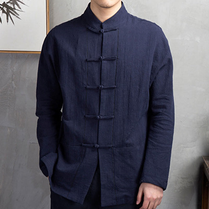 Buddha Stones Solid Color Casual Frog-button Men's Shirt Clothing - image 15