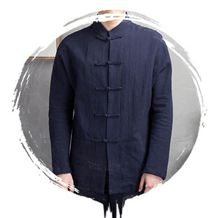 Buddha Stones Solid Color Casual Frog-button Men's Shirt Clothing - image 12