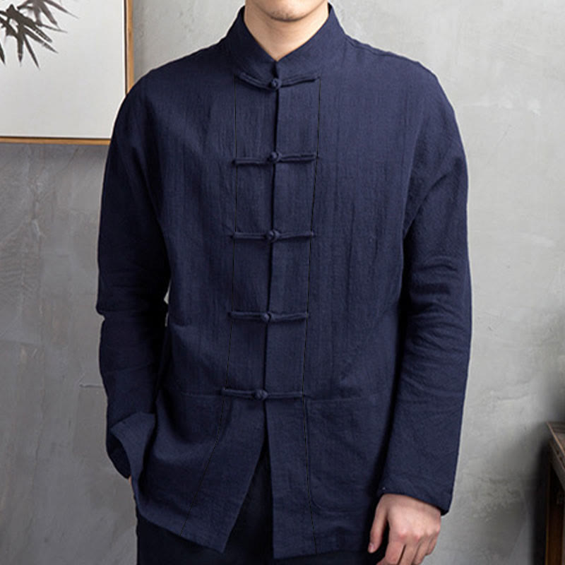 Buddha Stones Solid Color Casual Frog-button Men's Shirt Clothing - image 15