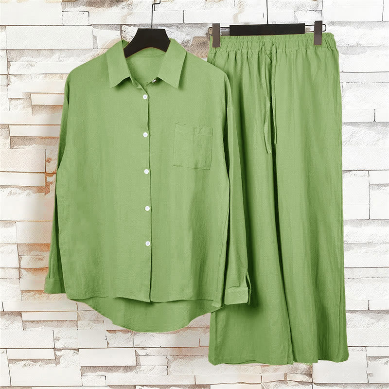 Buddha Stones 2Pcs Long Sleeve Shirt Top With Pockets Drawstring Pants Meditation Cotton Clothing Women's Set - image 5