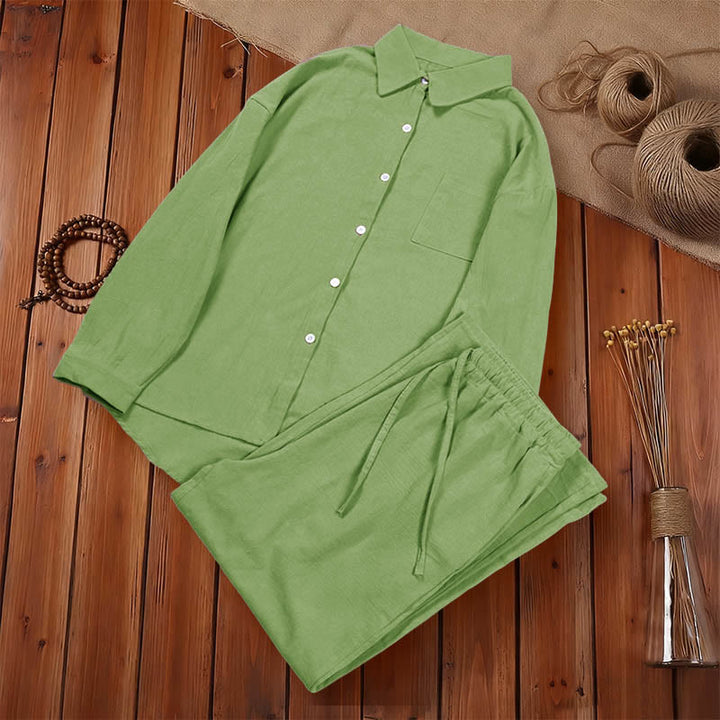 Buddha Stones 2Pcs Long Sleeve Shirt Top With Pockets Drawstring Pants Meditation Cotton Clothing Women's Set - image 1