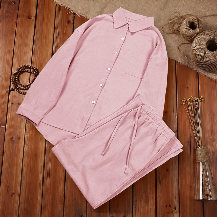 Buddha Stones 2Pcs Long Sleeve Shirt Top With Pockets Drawstring Pants Meditation Cotton Clothing Women's Set - image 7