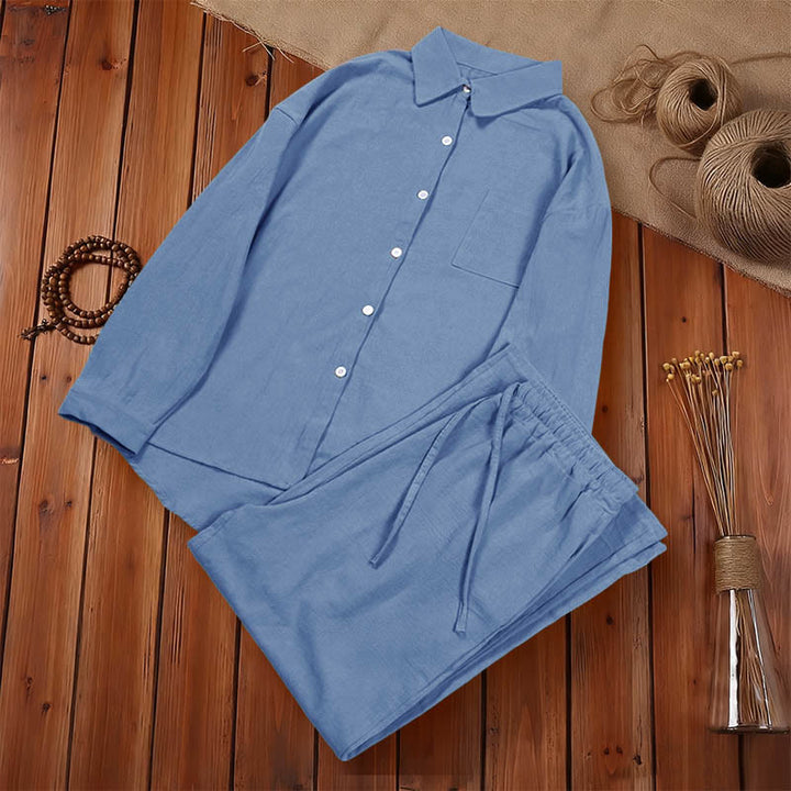 Buddha Stones 2Pcs Long Sleeve Shirt Top With Pockets Drawstring Pants Meditation Cotton Clothing Women's Set - image 19
