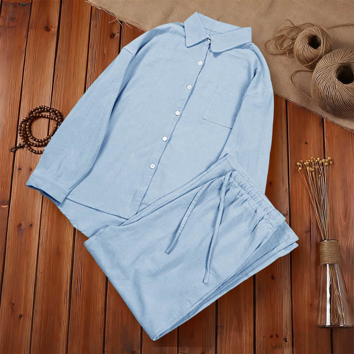 Buddha Stones 2Pcs Long Sleeve Shirt Top With Pockets Drawstring Pants Meditation Cotton Clothing Women's Set - image 25