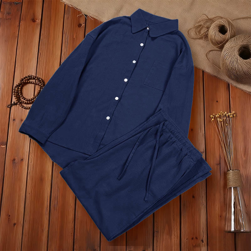 Buddha Stones 2Pcs Long Sleeve Shirt Top With Pockets Drawstring Pants Meditation Cotton Clothing Women's Set - image 31