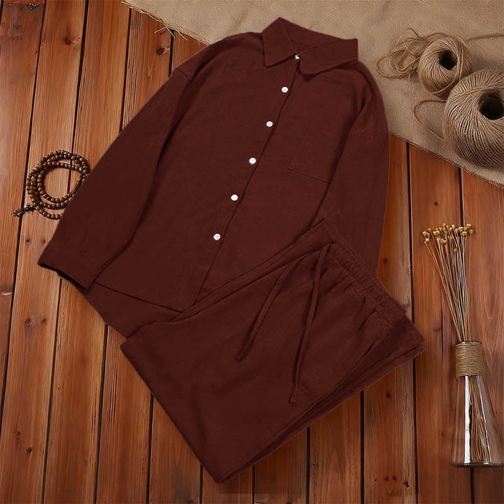 Buddha Stones 2Pcs Long Sleeve Shirt Top With Pockets Drawstring Pants Meditation Cotton Clothing Women's Set - image 37