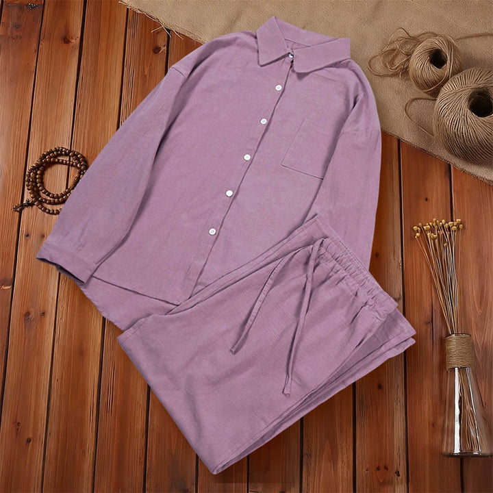 Buddha Stones 2Pcs Long Sleeve Shirt Top With Pockets Drawstring Pants Meditation Cotton Clothing Women's Set - image 55