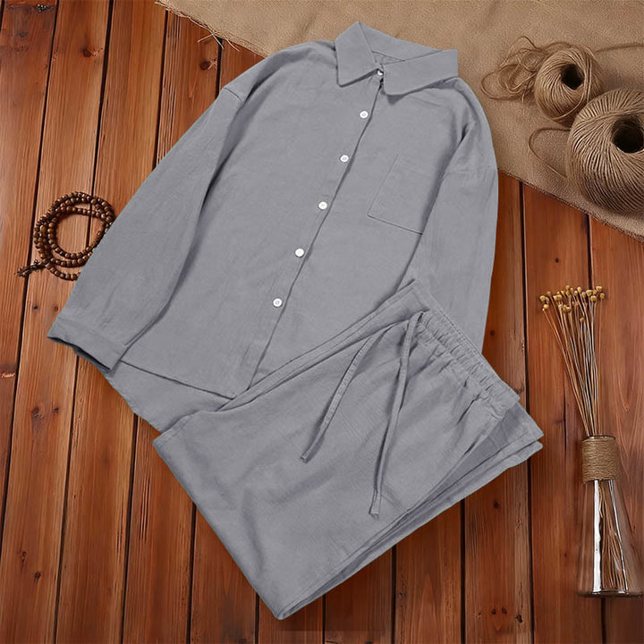 Buddha Stones 2Pcs Long Sleeve Shirt Top With Pockets Drawstring Pants Meditation Cotton Clothing Women's Set - image 49