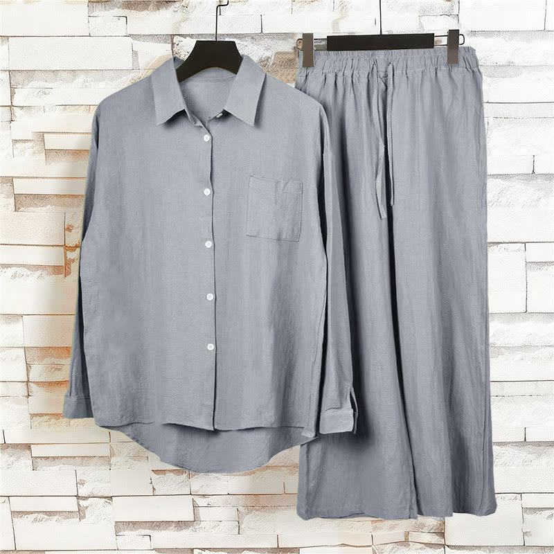 Buddha Stones 2Pcs Long Sleeve Shirt Top With Pockets Drawstring Pants Meditation Cotton Clothing Women's Set - image 52