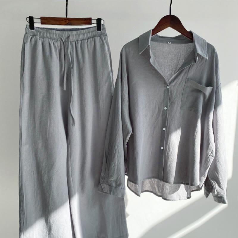 Buddha Stones 2Pcs Long Sleeve Shirt Top With Pockets Drawstring Pants Meditation Cotton Clothing Women's Set - Gray - US20，UK/AU24，EU52 (5XL) - image 48