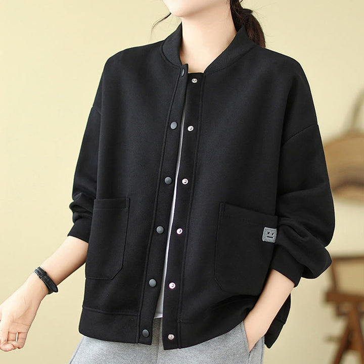 Buddha Stones Plain Women's Buttons Crew Neck Long Sleeve Cotton Jacket With Pockets - image 2