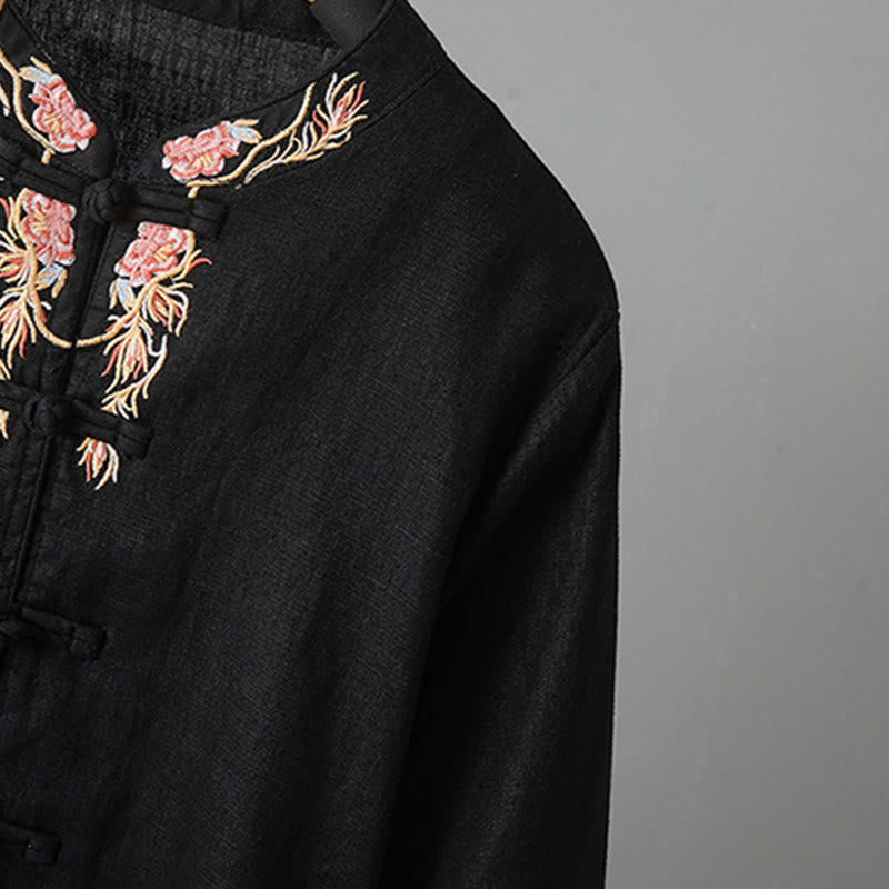 Buddha Stones Casual Women's Embroidery Long Sleeve Stand Collar Cotton Shirt - image 25