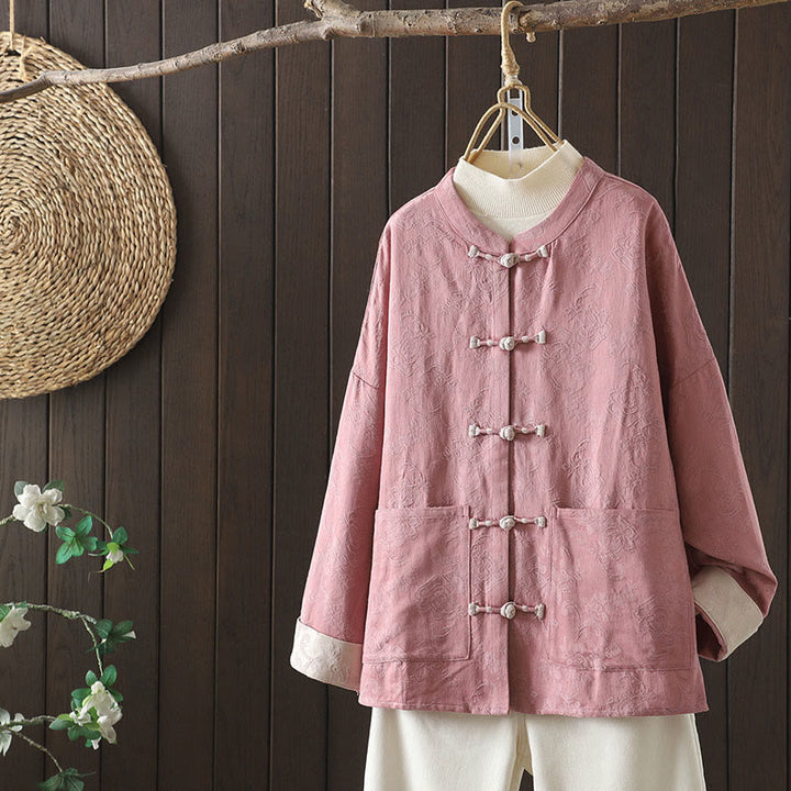 Buddha Stones Casual Women's Flower Pattern Long Sleeve Stand Collar Cotton Shirt - LightPink - US14，UK/AU18，EU46 (2XL) - image 10