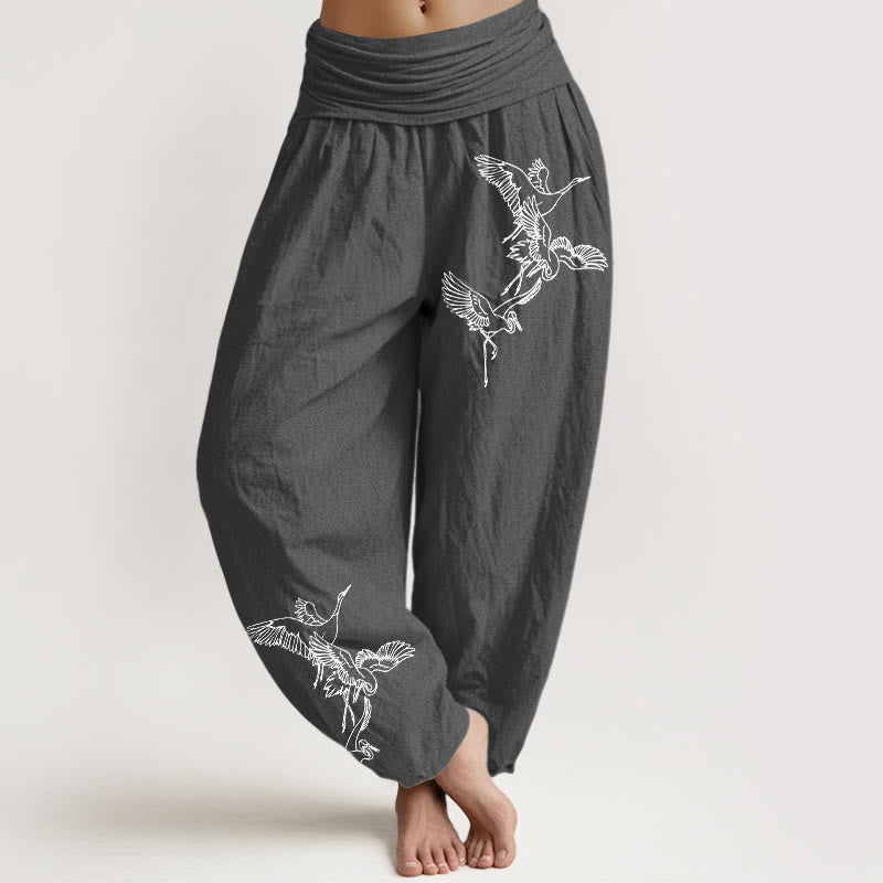 Buddha Stones Flying Crane Pattern Women's Elastic Waist Harem Cotton Pants - DimGray - US22，UK/AU26，EU54 (6XL) - image 0