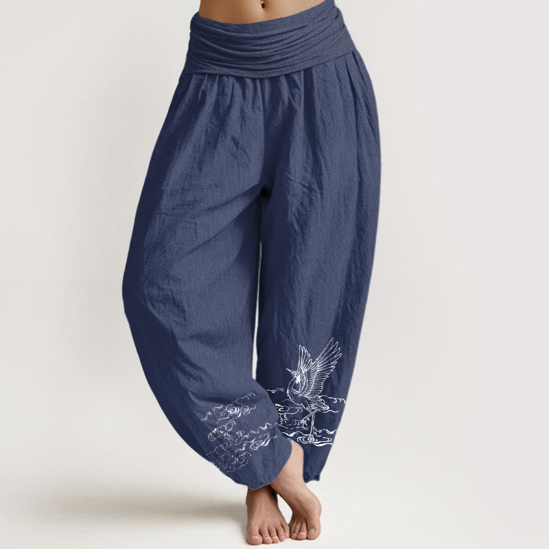 Buddha Stones Crane Flowing Water Pattern Women's Elastic Waist Harem Cotton Pants - DarkSlateBlue - US22，UK/AU26，EU54 (6XL) - image 0