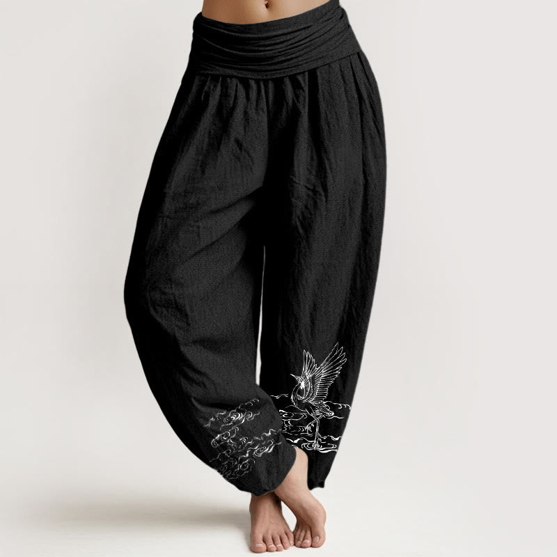 Buddha Stones Crane Flowing Water Pattern Women's Elastic Waist Harem Cotton Pants - Black - US22，UK/AU26，EU54 (6XL) - image 5