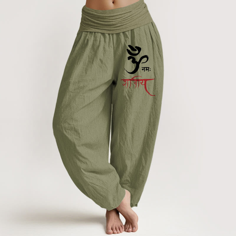 Buddha Stones Om Spells Pattern Women's Elastic Waist Harem Cotton Pants - OliveDrab - US22，UK/AU26，EU54 (6XL) - image 0