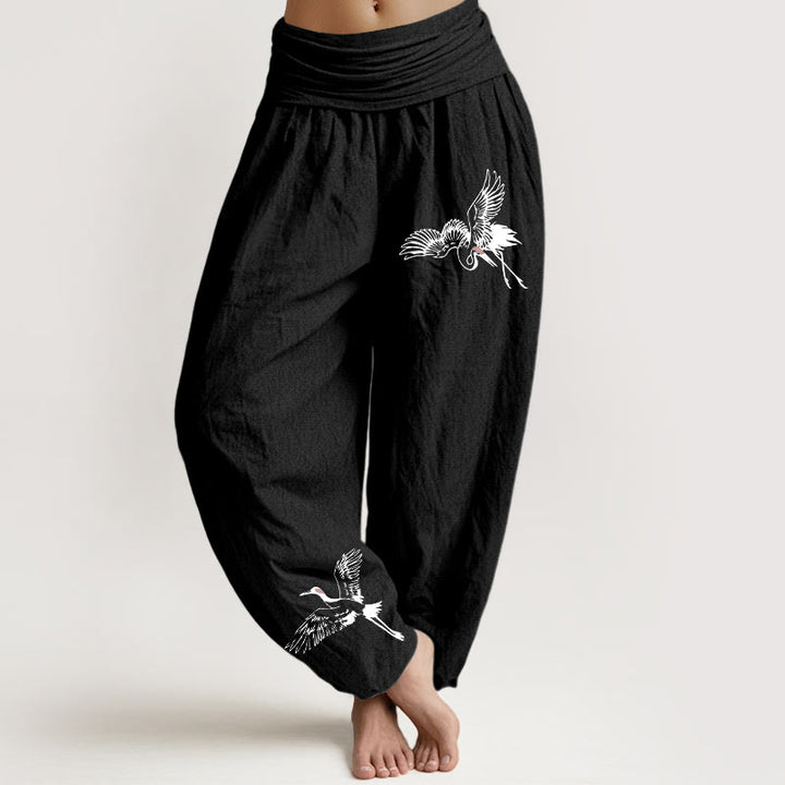 Buddha Stones Flying Red-crowned Cranes Pattern Women's Elastic Waist Harem Cotton Pants - Black - US22，UK/AU26，EU54 (6XL) - image 0