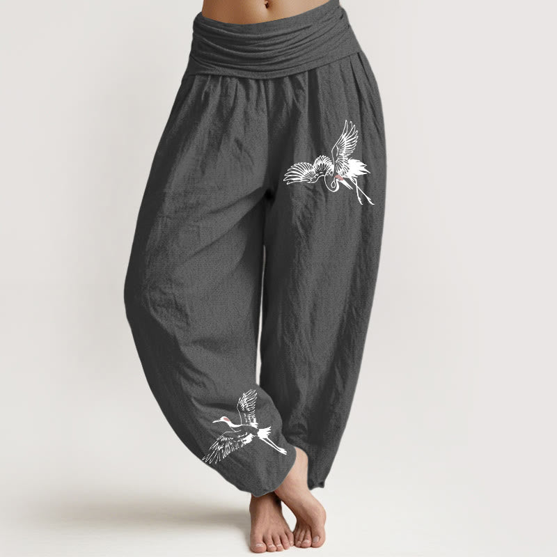 Buddha Stones Flying Red-crowned Cranes Pattern Women's Elastic Waist Harem Cotton Pants - DimGray - US22，UK/AU26，EU54 (6XL) - image 8