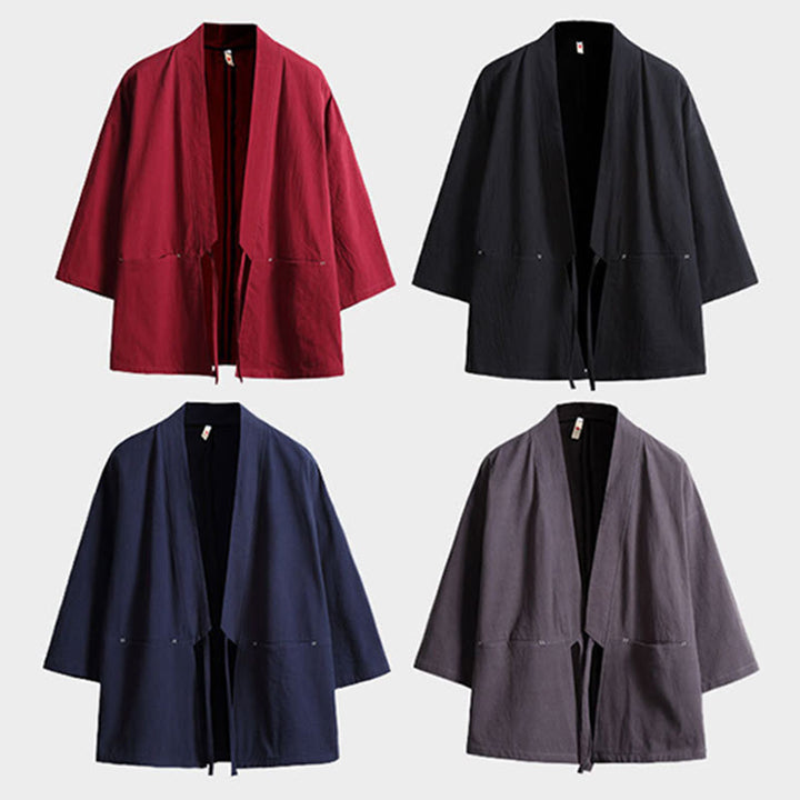 Buddha Stones Solid Color Lace-up Three Quarter Sleeve Open Front Jacket Men's Kimono - image 16
