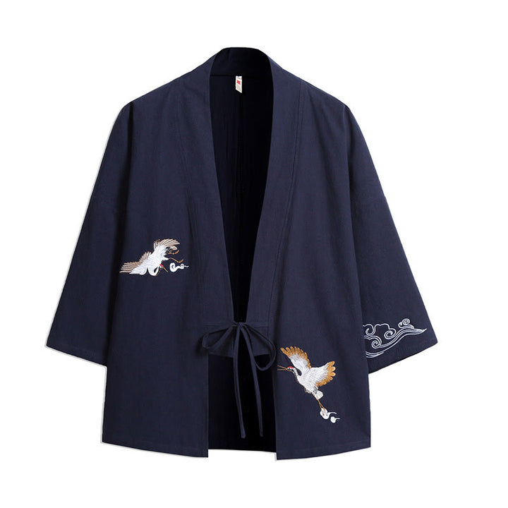 Buddha Stones White Crane Auspicious Clouds Embroidery Three Quarter Sleeve Men's Kimono - SteelBlue - US/UK/AU46，EU56 (5XL) - image 0