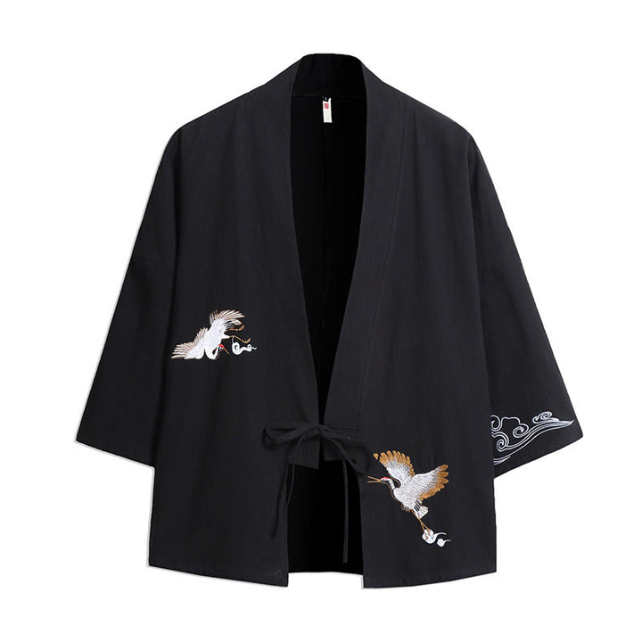 Buddha Stones White Crane Auspicious Clouds Embroidery Three Quarter Sleeve Men's Kimono - Black - US/UK/AU46，EU56 (5XL) - image 2