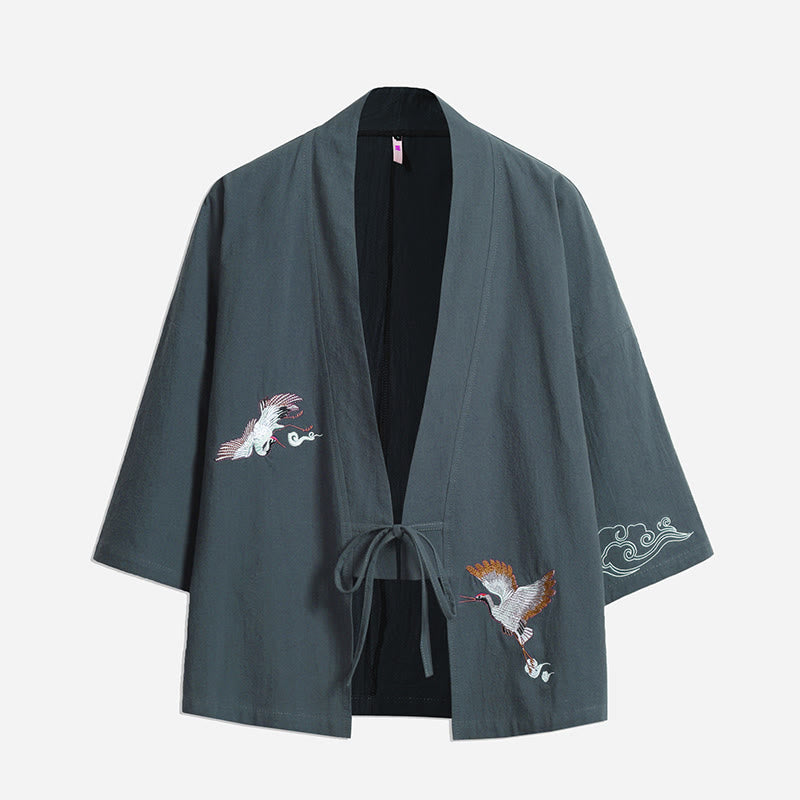 Buddha Stones White Crane Auspicious Clouds Embroidery Three Quarter Sleeve Men's Kimono - CadetBlue - US/UK/AU46，EU56 (5XL) - image 13