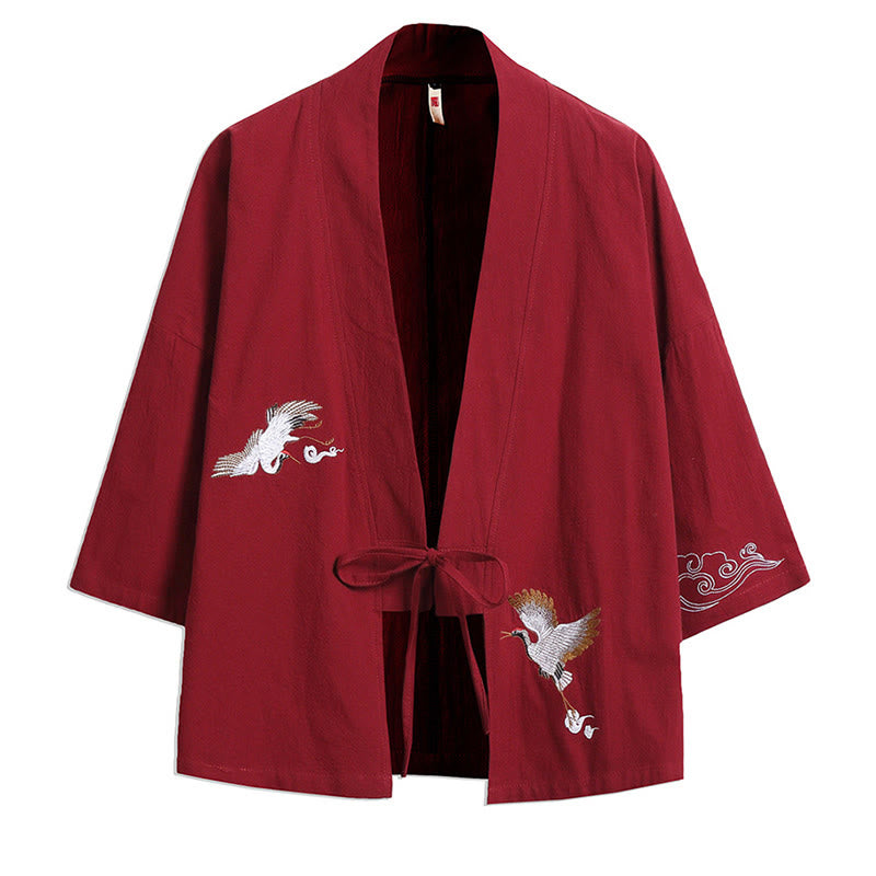 Buddha Stones White Crane Auspicious Clouds Embroidery Three Quarter Sleeve Men's Kimono - Red - US/UK/AU46，EU56 (5XL) - image 4