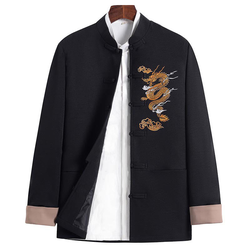 Buddha Stones Embroidery Dragon Frog-Button Desgin Long Sleeve Men's Jacket - Black - US/UK/AU44，EU54 (4XL) - image 0