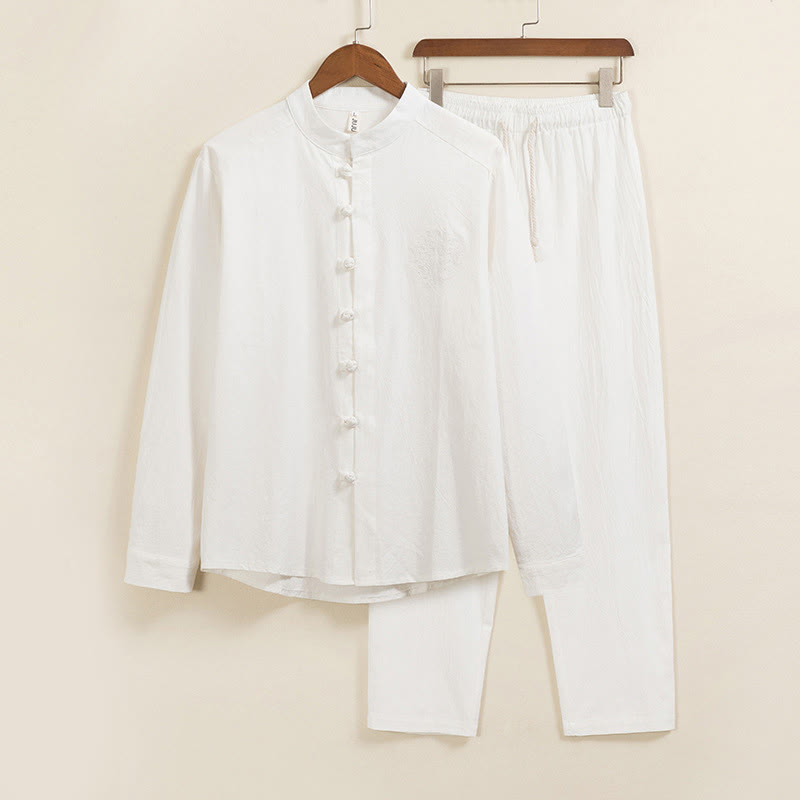 Buddha Stones 2Pcs Plain Men's Frog-Button Long Sleeve Cotton Shirt Pants Set With Pockets - White - US/UK/AU46，EU56 (5XL) - image 1
