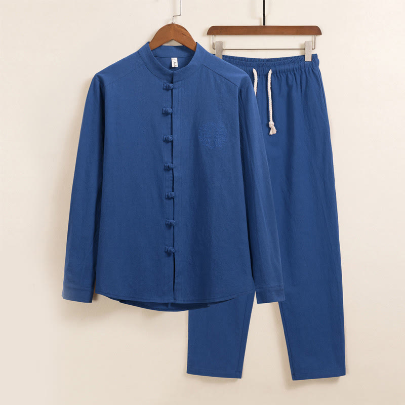 Buddha Stones 2Pcs Plain Men's Frog-Button Long Sleeve Cotton Shirt Pants Set With Pockets - RoyalBlue - US/UK/AU46，EU56 (5XL) - image 14