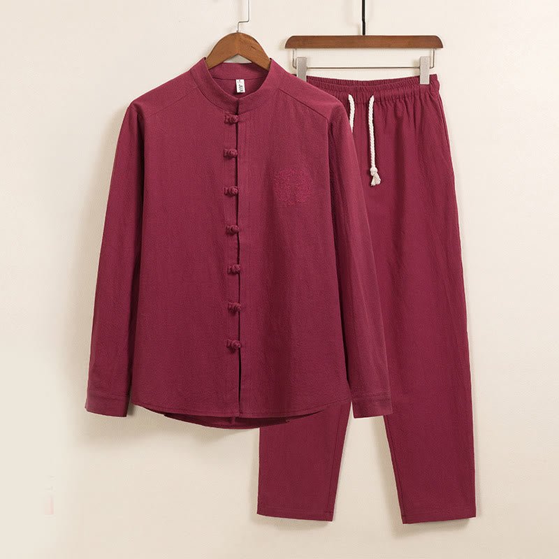 Buddha Stones 2Pcs Plain Men's Frog-Button Long Sleeve Cotton Shirt Pants Set With Pockets - FireBrick - US/UK/AU46，EU56 (5XL) - image 2