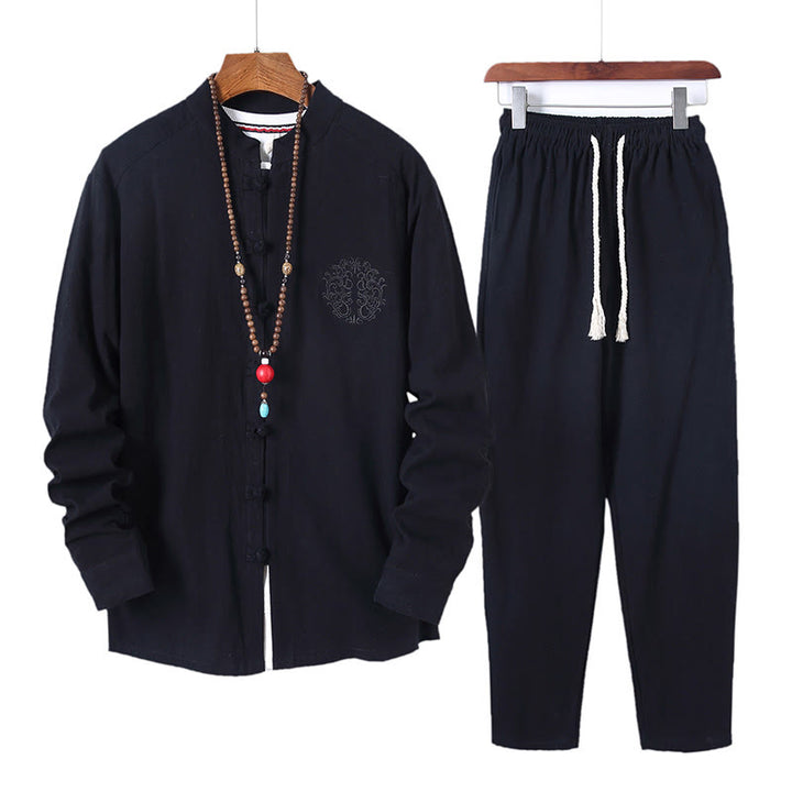 Buddha Stones 2Pcs Solid Color Men's Frog-Button Long Sleeve Cotton Shirt Pants Set With Pockets - Black - US/UK/AU46，EU56 (5XL) - image 0