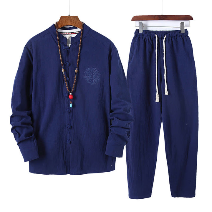 Buddha Stones 2Pcs Solid Color Men's Frog-Button Long Sleeve Cotton Shirt Pants Set With Pockets - RoyalBlue - US/UK/AU46，EU56 (5XL) - image 19