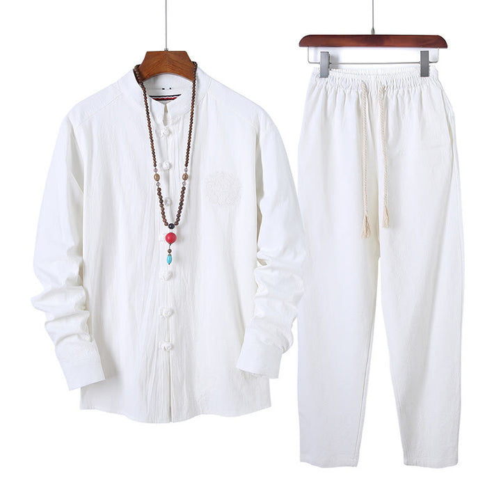 Buddha Stones 2Pcs Solid Color Men's Frog-Button Long Sleeve Cotton Shirt Pants Set With Pockets - White - US/UK/AU46，EU56 (5XL) - image 9
