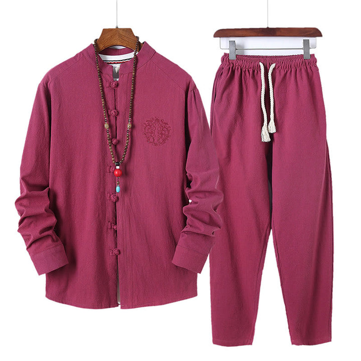 Buddha Stones 2Pcs Solid Color Men's Frog-Button Long Sleeve Cotton Shirt Pants Set With Pockets - FireBrick - US/UK/AU46，EU56 (5XL) - image 29