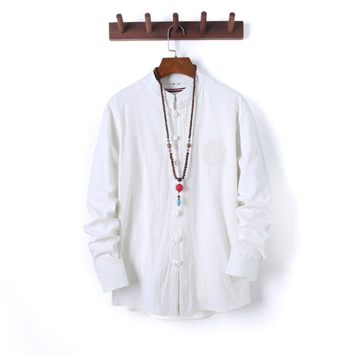 Buddha Stones 2Pcs Solid Color Men's Frog-Button Long Sleeve Cotton Shirt Pants Set With Pockets - image 11