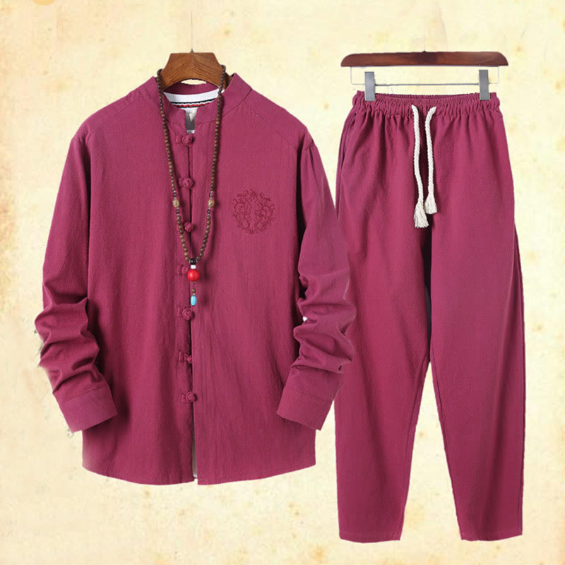 Buddha Stones 2Pcs Solid Color Men's Frog-Button Long Sleeve Cotton Shirt Pants Set With Pockets - image 43