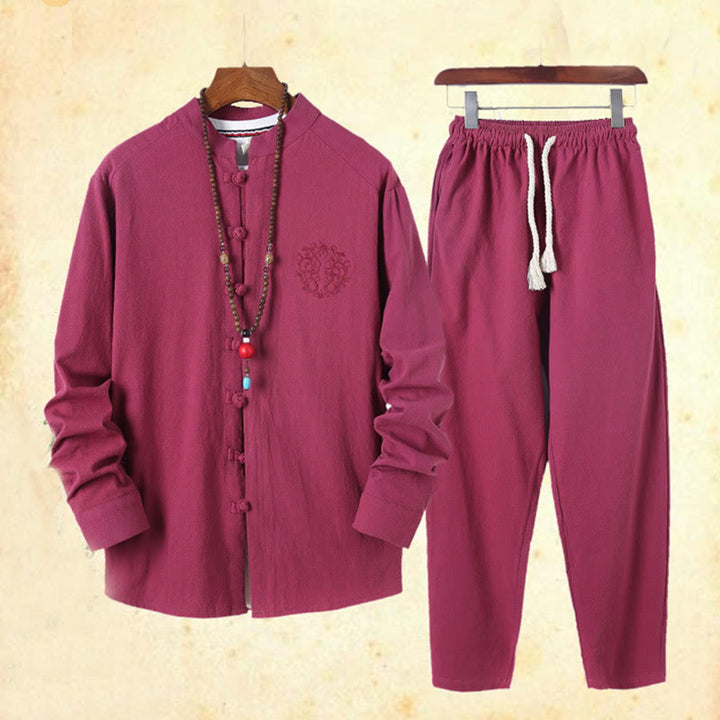 Buddha Stones 2Pcs Solid Color Men's Frog-Button Long Sleeve Cotton Shirt Pants Set With Pockets - image 43