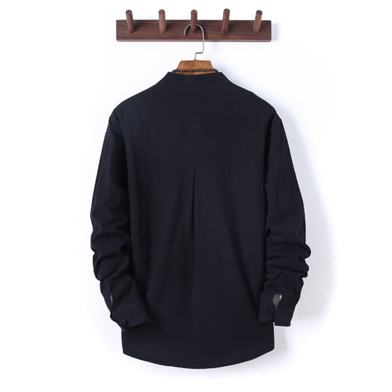 Buddha Stones 2Pcs Solid Color Men's Frog-Button Long Sleeve Cotton Shirt Pants Set With Pockets - image 2