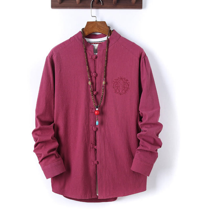 Buddha Stones 2Pcs Solid Color Men's Frog-Button Long Sleeve Cotton Shirt Pants Set With Pockets - image 31