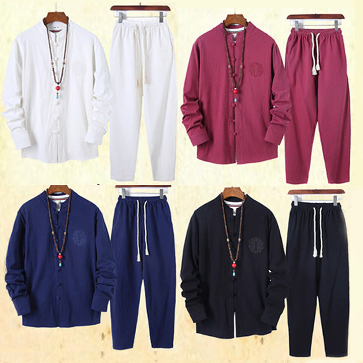 Buddha Stones 2Pcs Solid Color Men's Frog-Button Long Sleeve Cotton Shirt Pants Set With Pockets - image 44